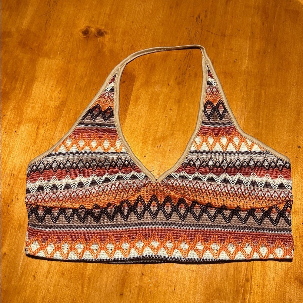 Boho Festival Hippie Concert Retro Geometric Chevron‎ Knit Halter Neck Crop Top